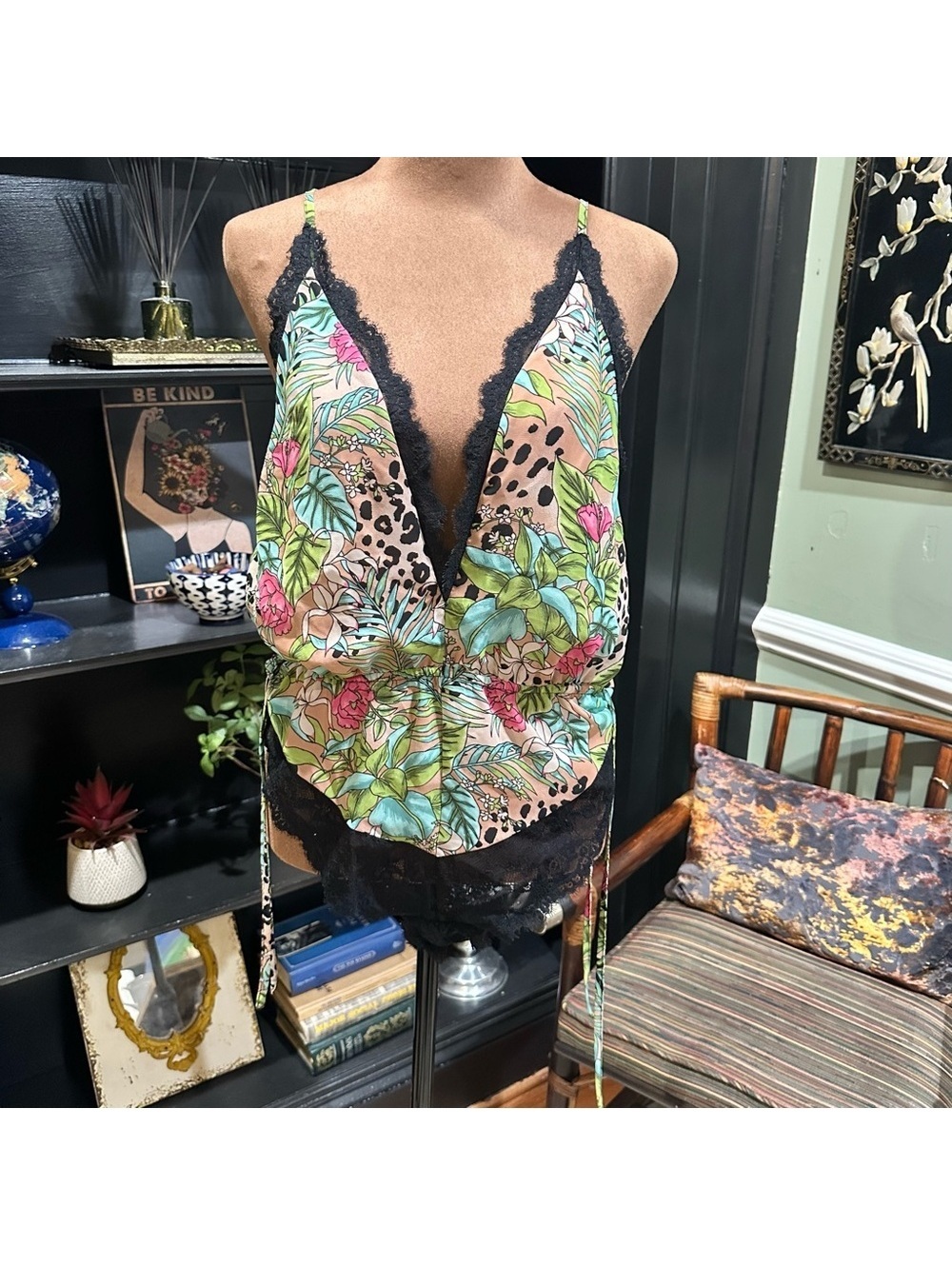 I.N.C. Floral Leopard Print Lingerie Romper with Black Lace Trim – Size Large